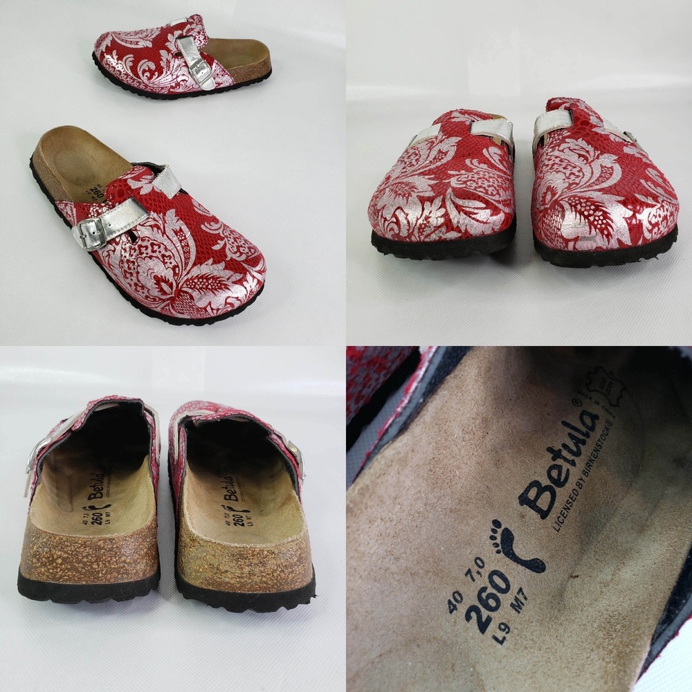 Betula Birkenstock Clogs Women 40 US 9 Red Silver Damask Floral Mules Buckle